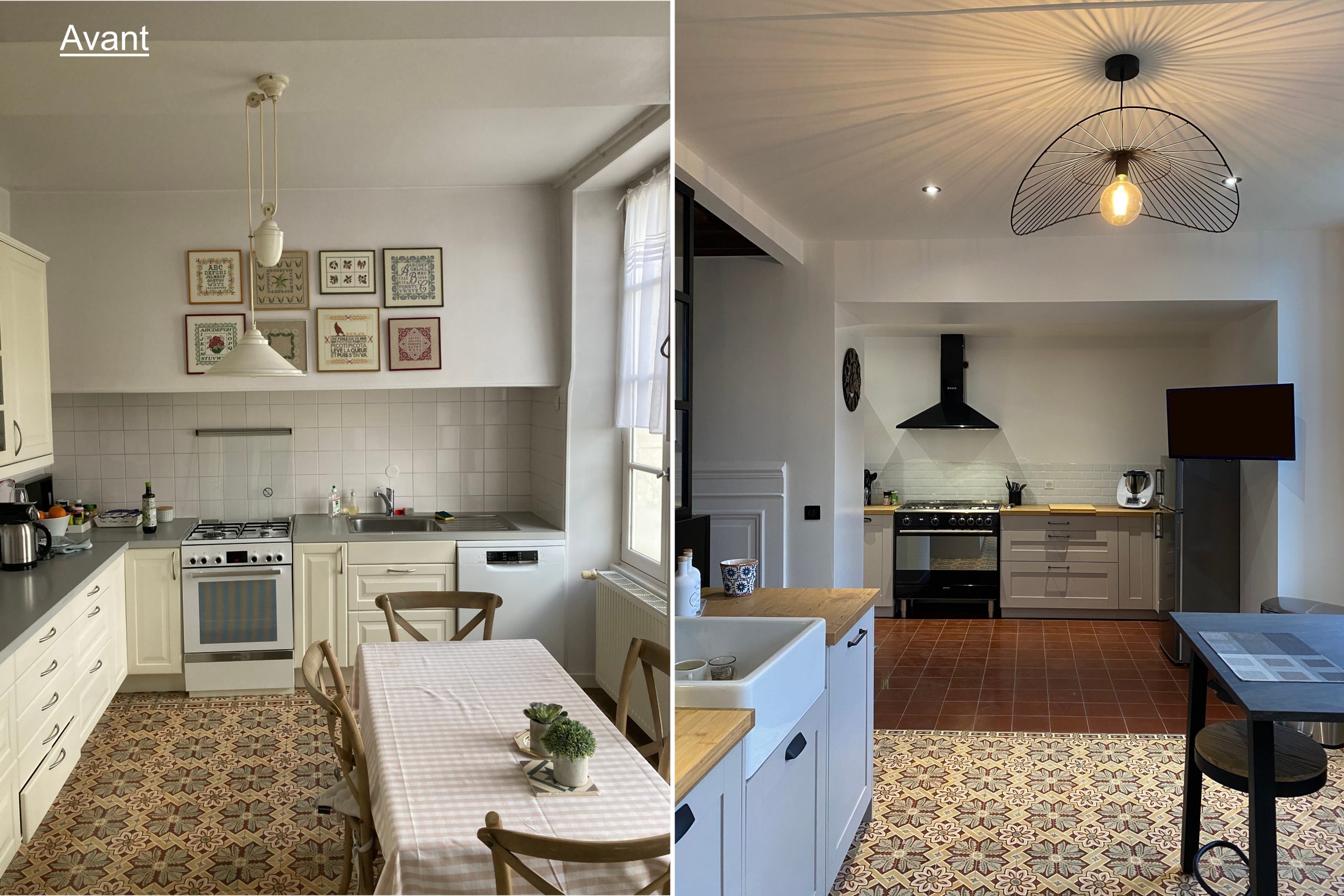 Avant après Extension d'une cuisine style campagne chic ancienne tomette