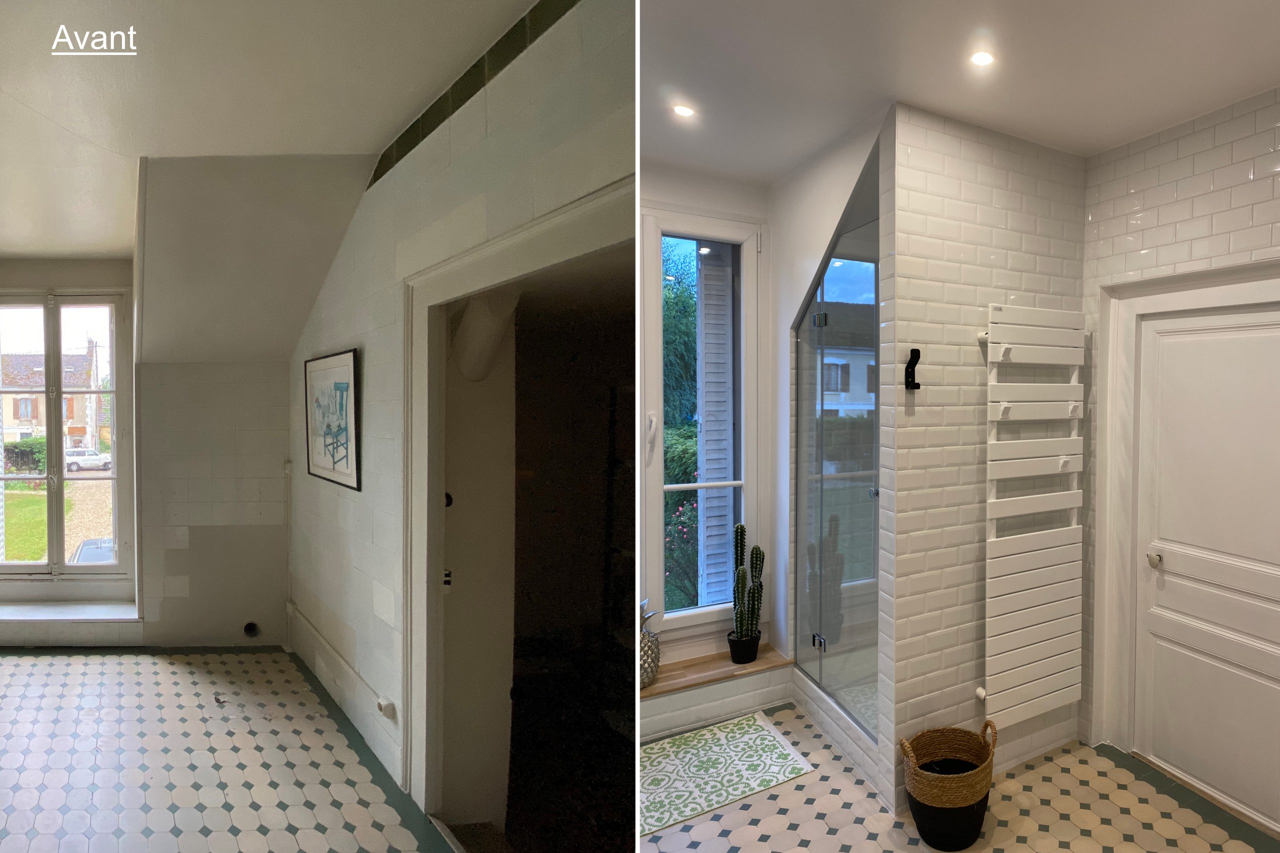Avant après Rénovation douche sous pente tomette ancienne faïence métro